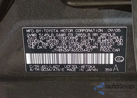 2006 Lexus Ls 430 from USA, damaged, VIN JTHBN36F465034427